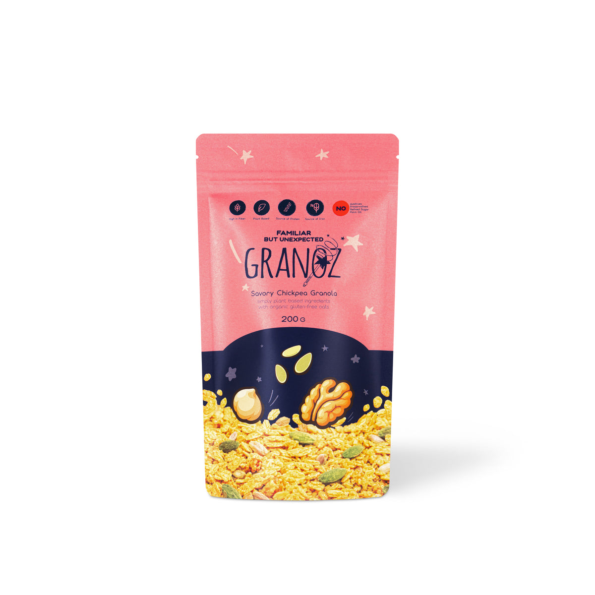 A stand-up pouch of Fanua by Blended Granz Scary Chicken Grains mix, featuring a pink top half with white stars and a dark navy bottom half showing illustrated grains and nuts, on a white background.